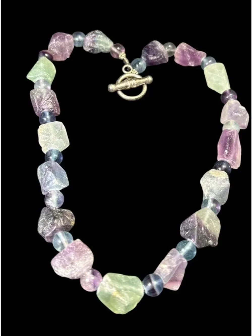 Vintage Sterling Silver Raw Fluorite Necklace Crystal Beaded Toggle 17”